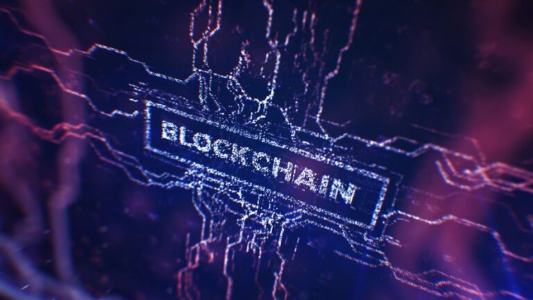 Niebiesko-fioletowy napis blockchain